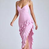 Oh Polly Aurelie Panelled Ruffle Evening Gown in Pink