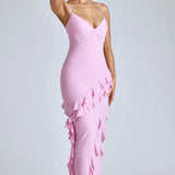 Oh Polly Aurelie Panelled Ruffle Evening Gown in Pink