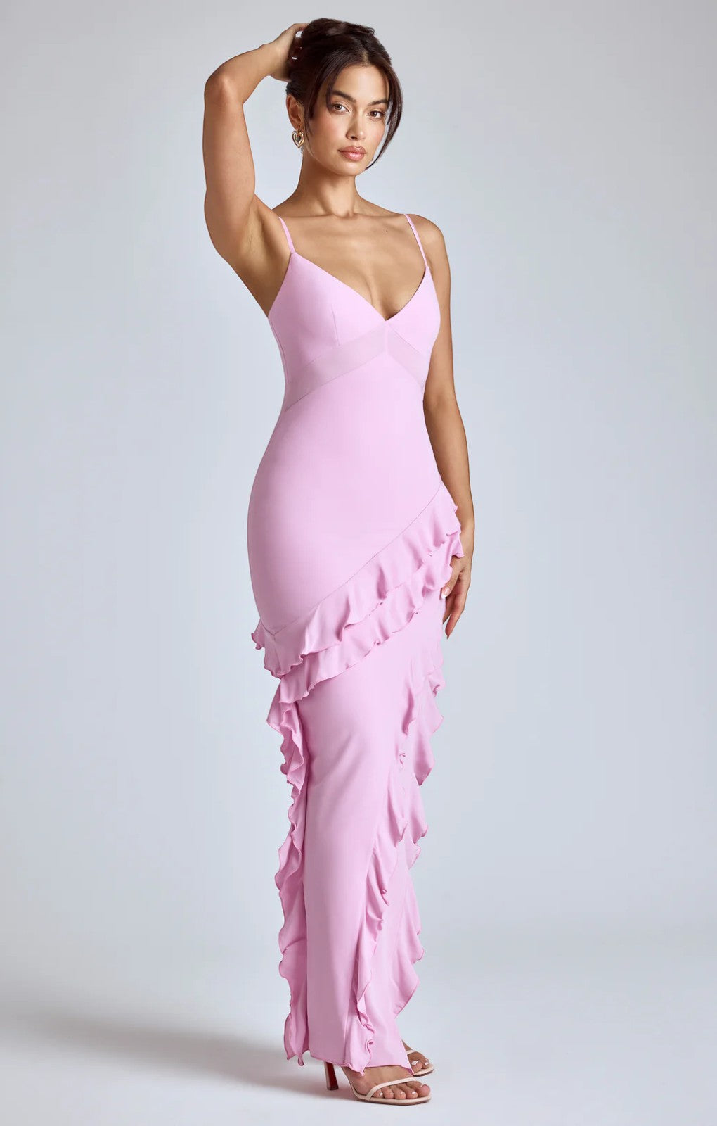 Oh Polly Aurelie Panelled Ruffle Evening Gown in Pink