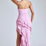 Oh Polly Aurelie Panelled Ruffle Evening Gown in Pink