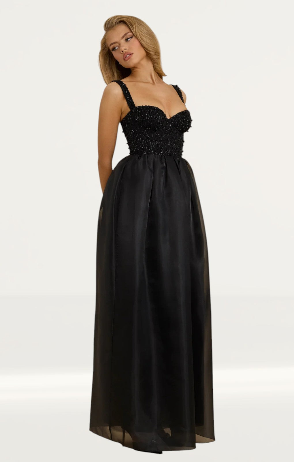 Oh Polly Corset Organza Maxi Dress in Black