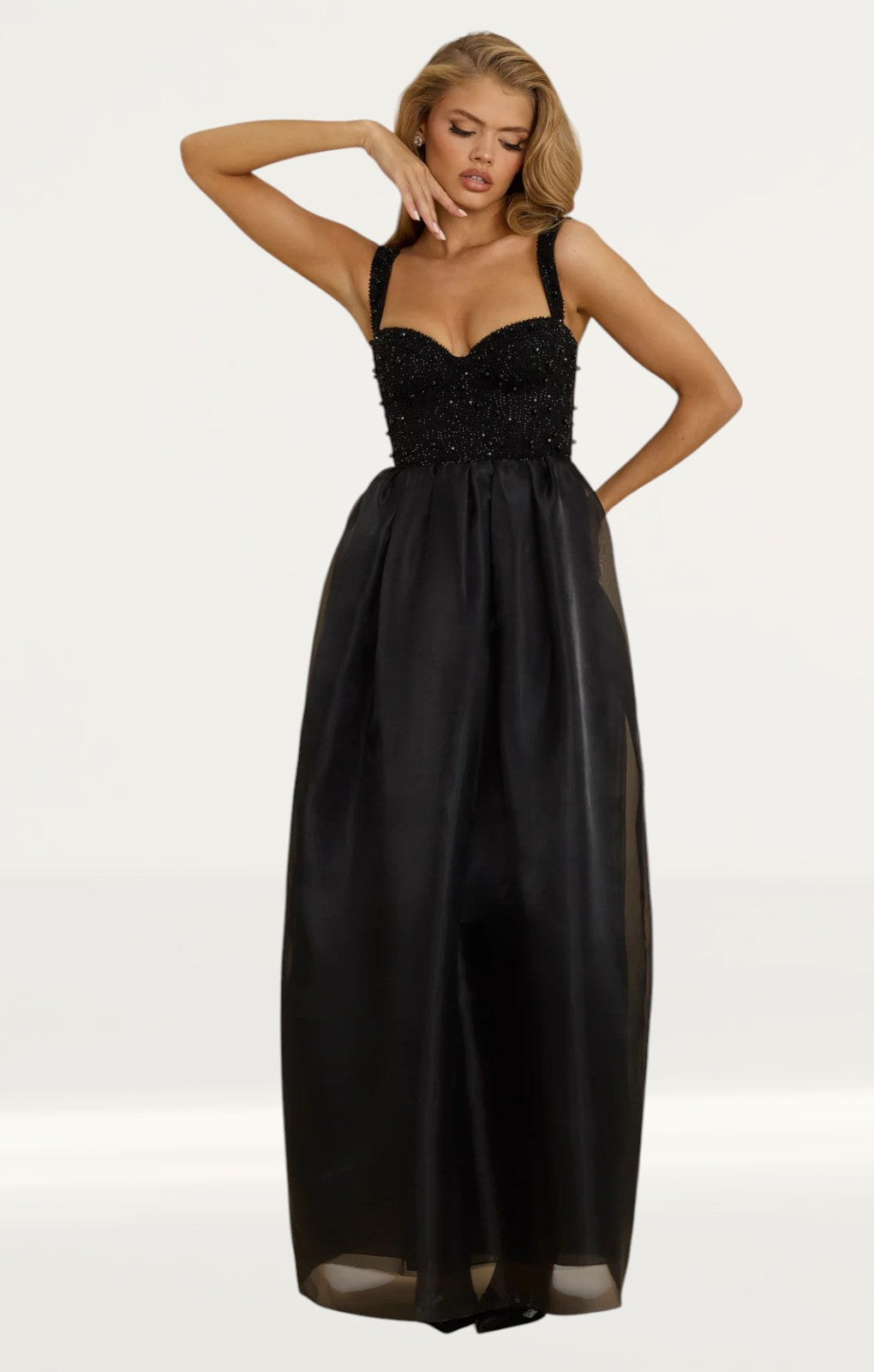 Oh Polly Corset Organza Maxi Dress in Black