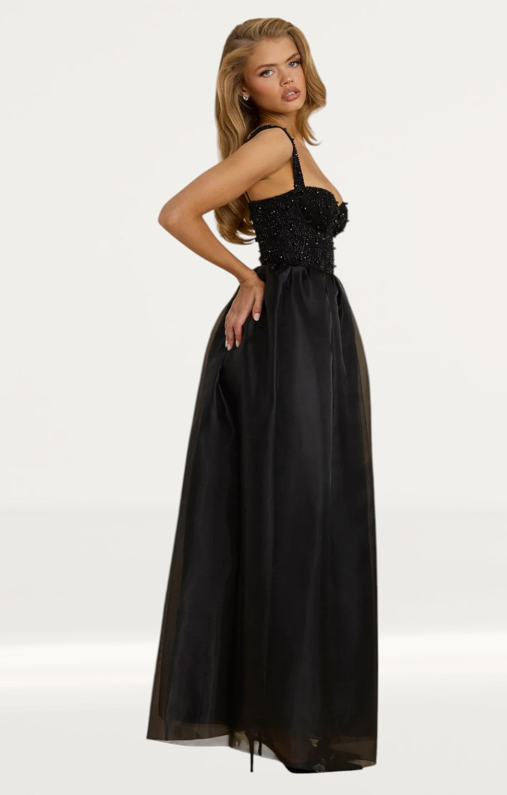 Oh Polly Corset Organza Maxi Dress in Black
