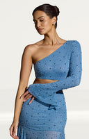 Oh Polly Amboise Embellished One Shoulder Top in Smokey Blue