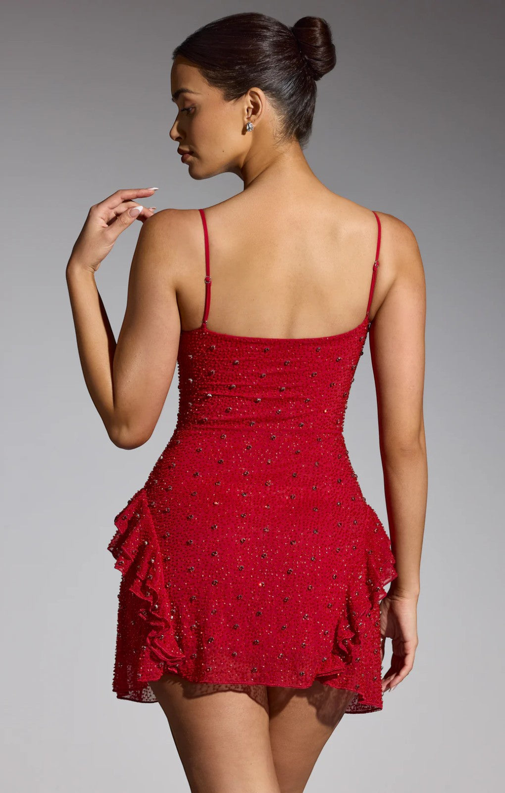 Oh Polly Domblans Embellished Frill Mini Dress in Red