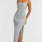 Oh Polly Embellished Square Neck Evening Gown in Silver
