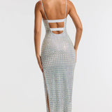 Oh Polly Embellished Square Neck Evening Gown in Silver
