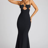 Oh Polly Serena Embellished Heart Cup Detail Evening Gown in Black