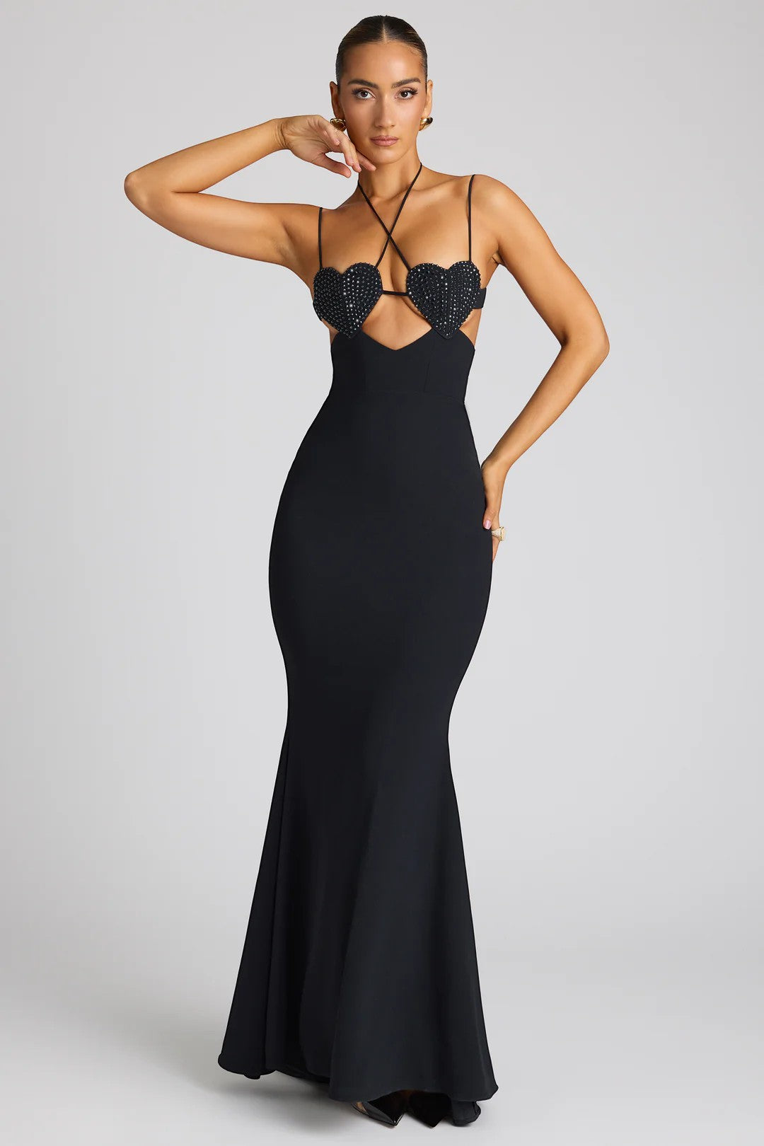 Oh Polly Serena Embellished Heart Cup Detail Evening Gown in Black