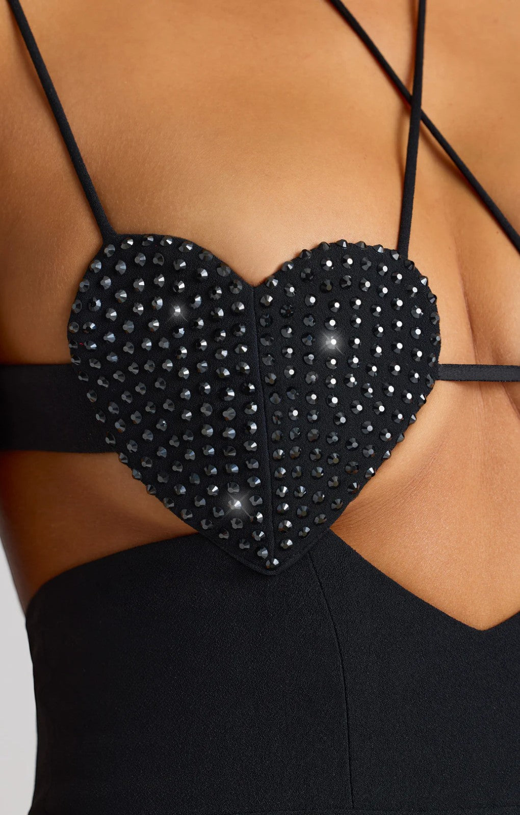 Oh Polly Serena Embellished Heart Cup Detail Evening Gown in Black