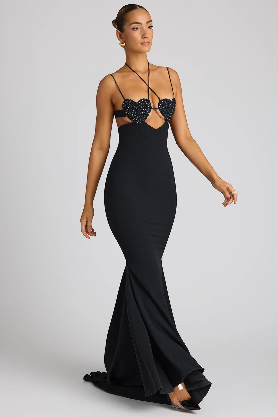 Oh Polly Serena Embellished Heart Cup Detail Evening Gown in Black