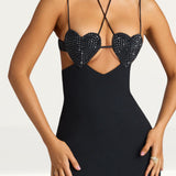 Oh Polly Serena Embellished Heart Cup Detail Evening Gown in Black