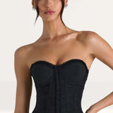 Oh Polly Melvina Ruched Lace-Up Strapless Corset Top in Black