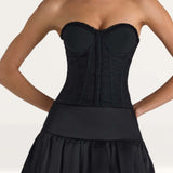 Oh Polly Melvina Ruched Lace-Up Strapless Corset Top in Black