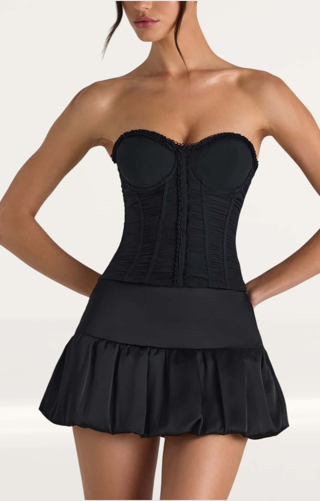 Oh Polly Melvina Ruched Lace-Up Strapless Corset Top in Black