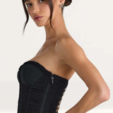Oh Polly Melvina Ruched Lace-Up Strapless Corset Top in Black