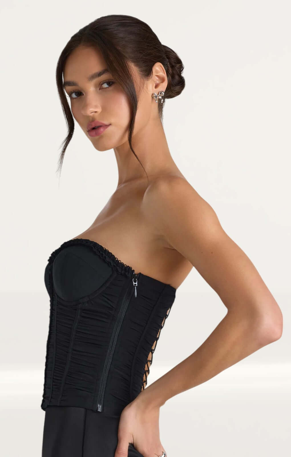 Oh Polly Melvina Ruched Lace-Up Strapless Corset Top in Black