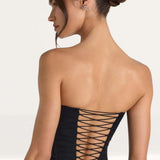 Oh Polly Melvina Ruched Lace-Up Strapless Corset Top in Black