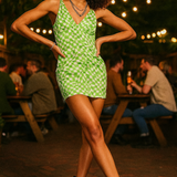 Asos Design Button Front Satin Mini Dress In Green Checkerboard Print