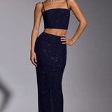 Oh Polly Melisande Embellished Mid Rise Gown Skirt in Royal Indigo