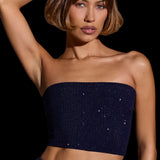 Oh Polly Odetta Embellished Strapless Crop Top in Royal Indigo