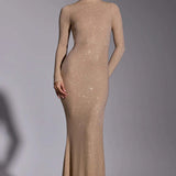 Oh Polly Celestia Embellished Long Sleeve Evening Gown in Gold