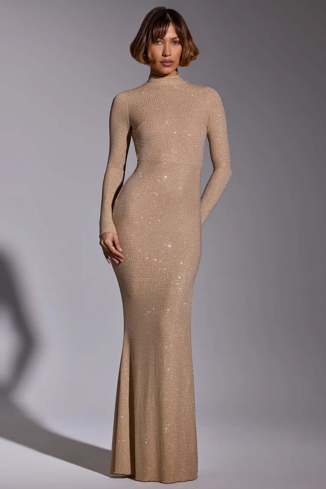 Oh Polly Celestia Embellished Long Sleeve Evening Gown in Gold