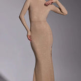 Oh Polly Celestia Embellished Long Sleeve Evening Gown in Gold