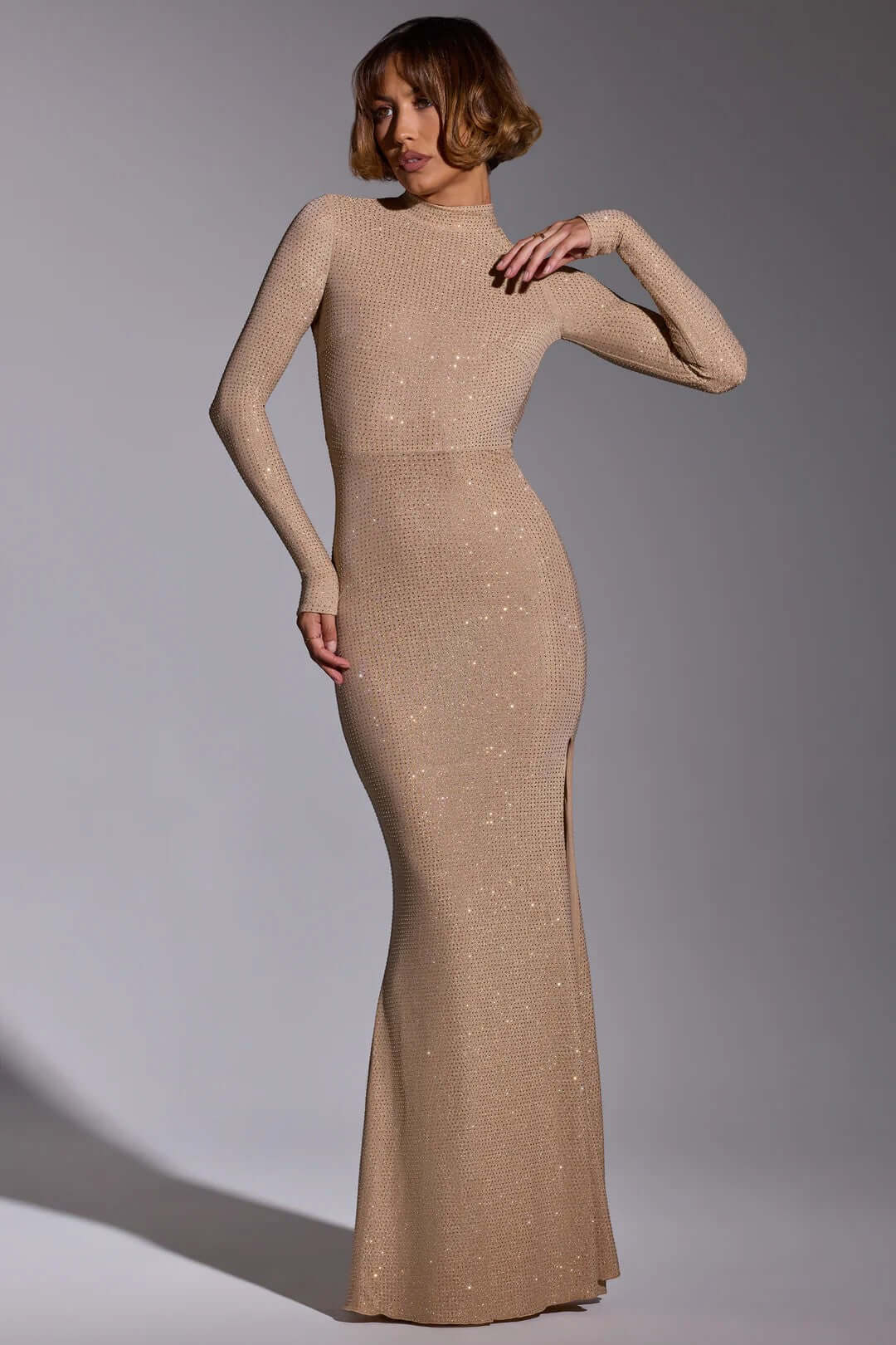 Oh Polly Celestia Embellished Long Sleeve Evening Gown in Gold