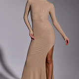 Oh Polly Celestia Embellished Long Sleeve Evening Gown in Gold
