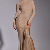 Oh Polly Celestia Embellished Long Sleeve Evening Gown in Gold