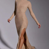 Oh Polly Celestia Embellished Long Sleeve Evening Gown in Gold