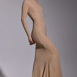 Oh Polly Celestia Embellished Long Sleeve Evening Gown in Gold