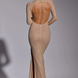Oh Polly Celestia Embellished Long Sleeve Evening Gown in Gold