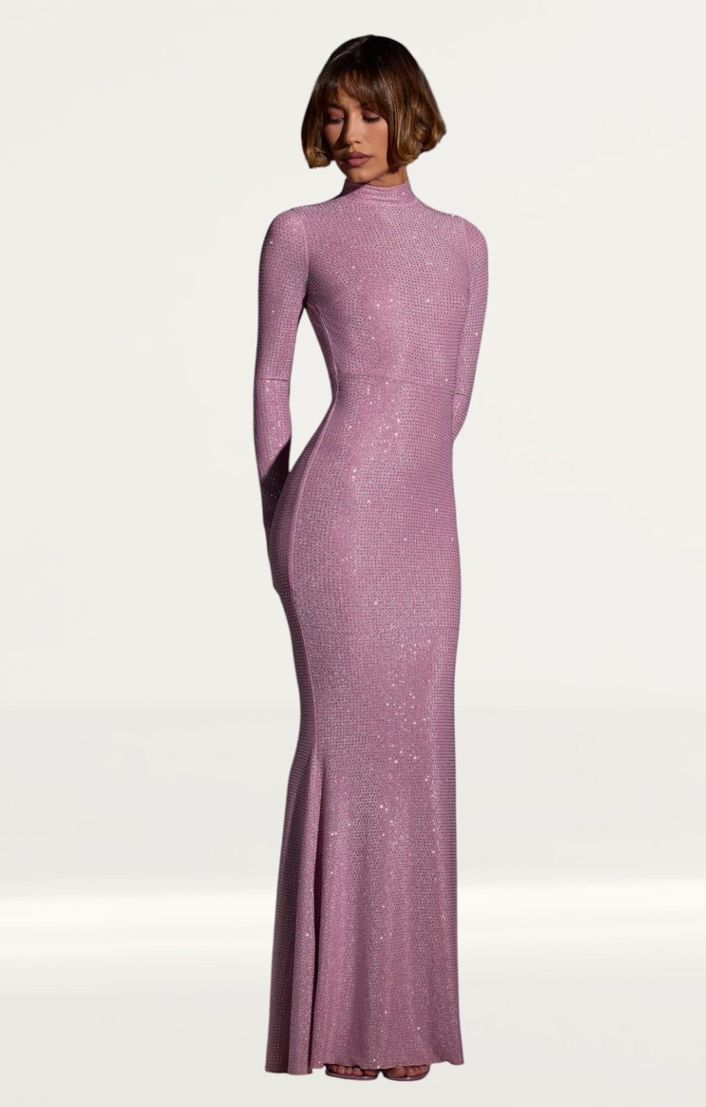 Oh Polly Celestia Embellished Long Sleeve Evening Gown in Light Pink