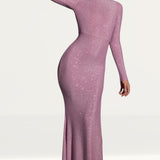Oh Polly Celestia Embellished Long Sleeve Evening Gown in Light Pink