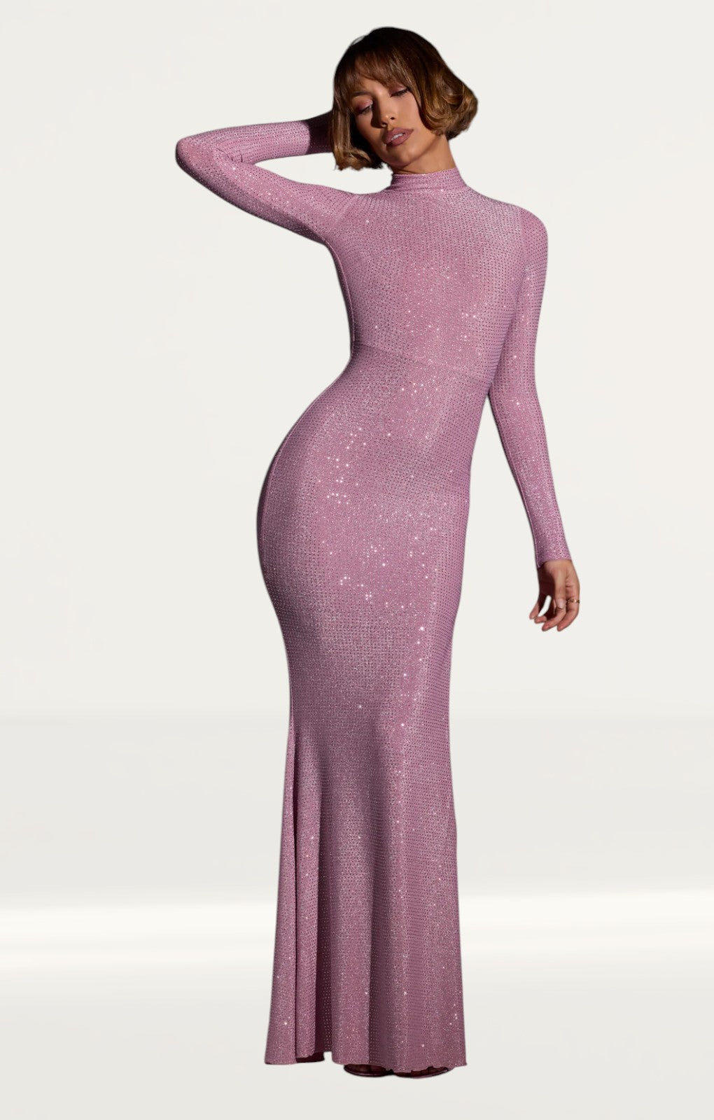 Oh Polly Celestia Embellished Long Sleeve Evening Gown in Light Pink