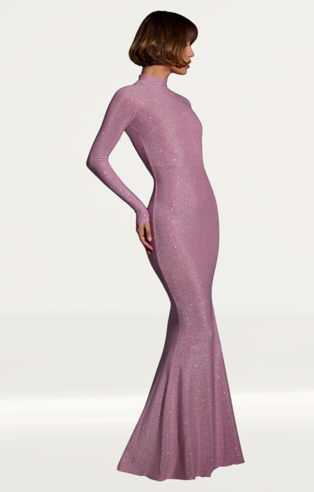 Oh Polly Celestia Embellished Long Sleeve Evening Gown in Light Pink