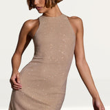 Oh Polly Arabella Embellished High Neck A-Line Mini Dress in Gold