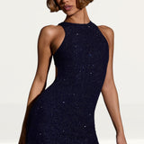 Oh Polly Arabella Embellished High Neck A-Line Mini Dress in Royal Indigo