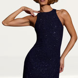 Oh Polly Arabella Embellished High Neck A-Line Mini Dress in Royal Indigo