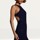 Oh Polly Arabella Embellished High Neck A-Line Mini Dress in Royal Indigo