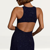 Oh Polly Arabella Embellished High Neck A-Line Mini Dress in Royal Indigo