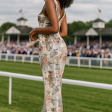 Asos Design Tall Button Front Satin Midi Dress In Newspaper Print