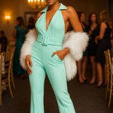 Asos Design Rib Zip Front Collared Jumpsuit With Belt In Baby Blue