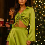 Vero Moda Satin Ruched Front Top In Olive