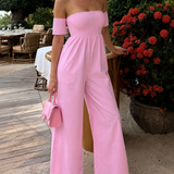 The Frolic Exclusive Shirred Off Shoulder Wide Leg Jumpsuit In Pink