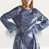 Glamorous Blue Sequin Feather Cuff Mini Dress