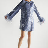 Glamorous Blue Sequin Feather Cuff Mini Dress