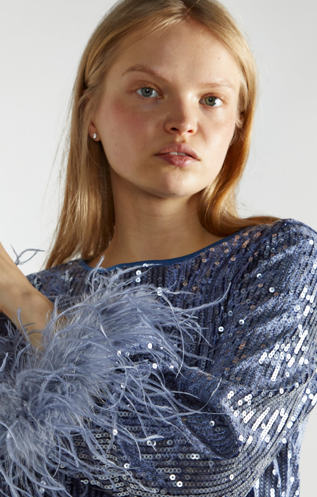 Glamorous Blue Sequin Feather Cuff Mini Dress